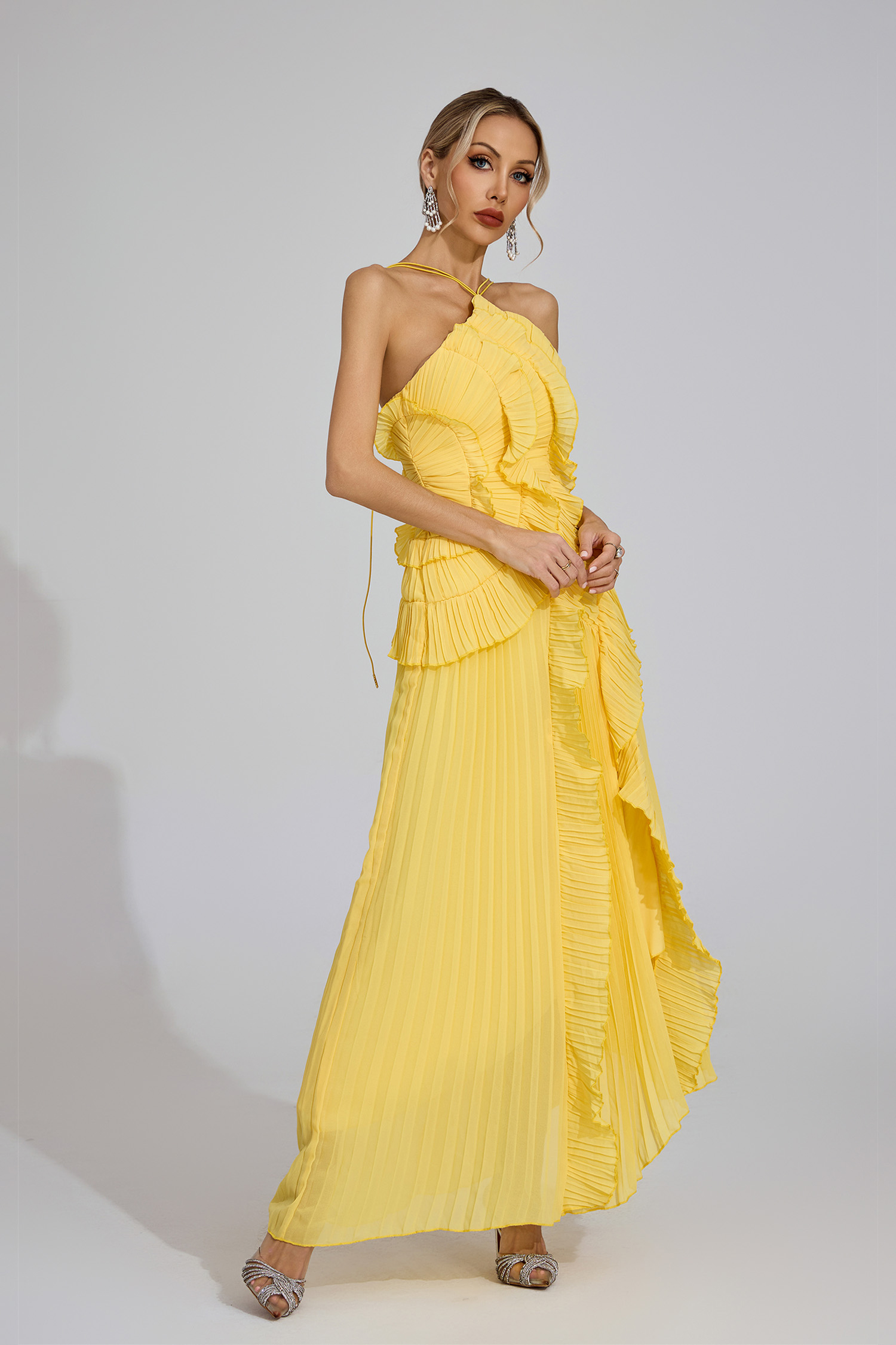 Moses Yellow Asymmetric Pleated Halter Dress