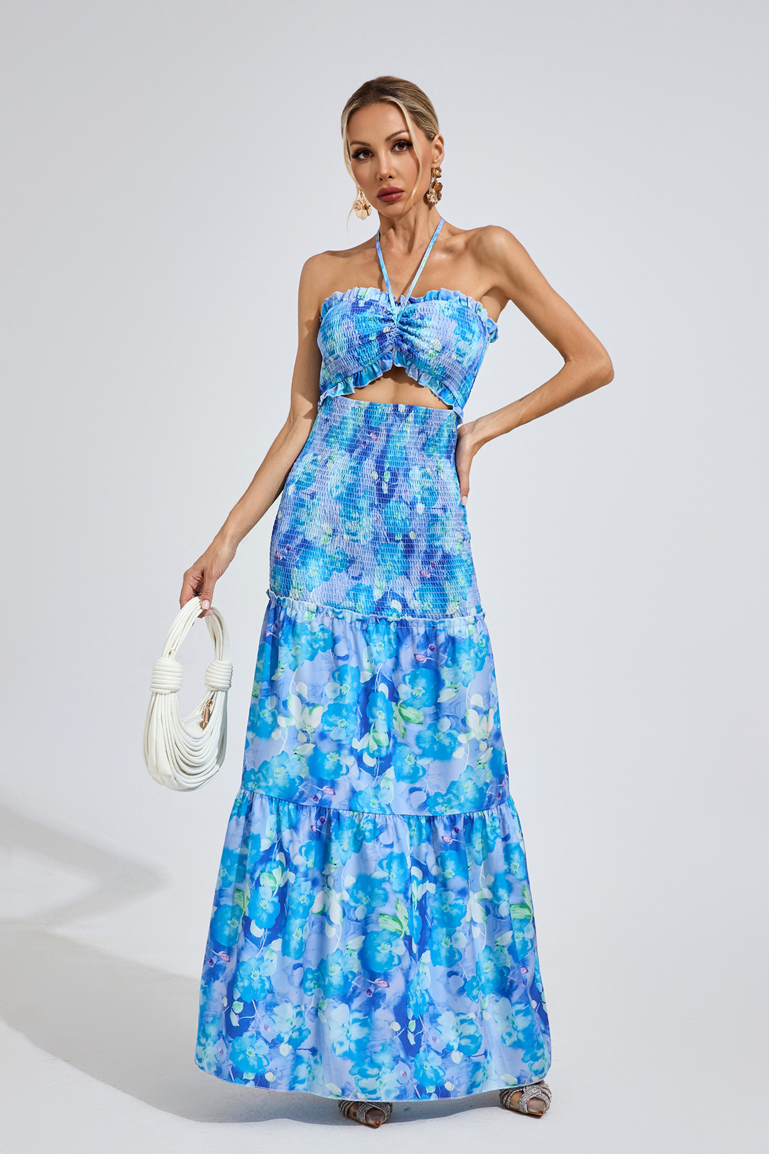 Jenkins Sapphire Blue Ruffle Halter Dress