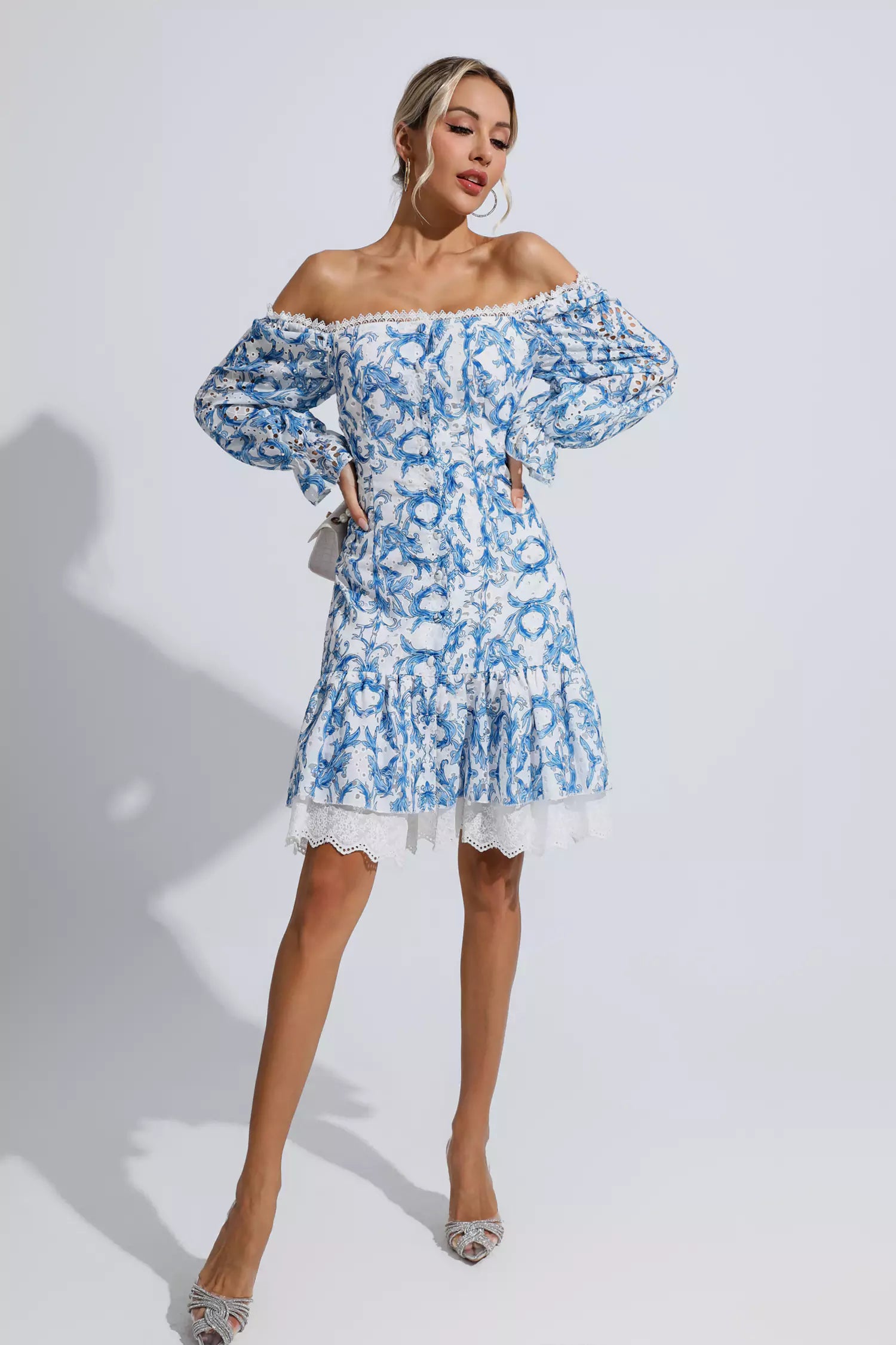 Navy Blue Floral Off Shoulder Dress