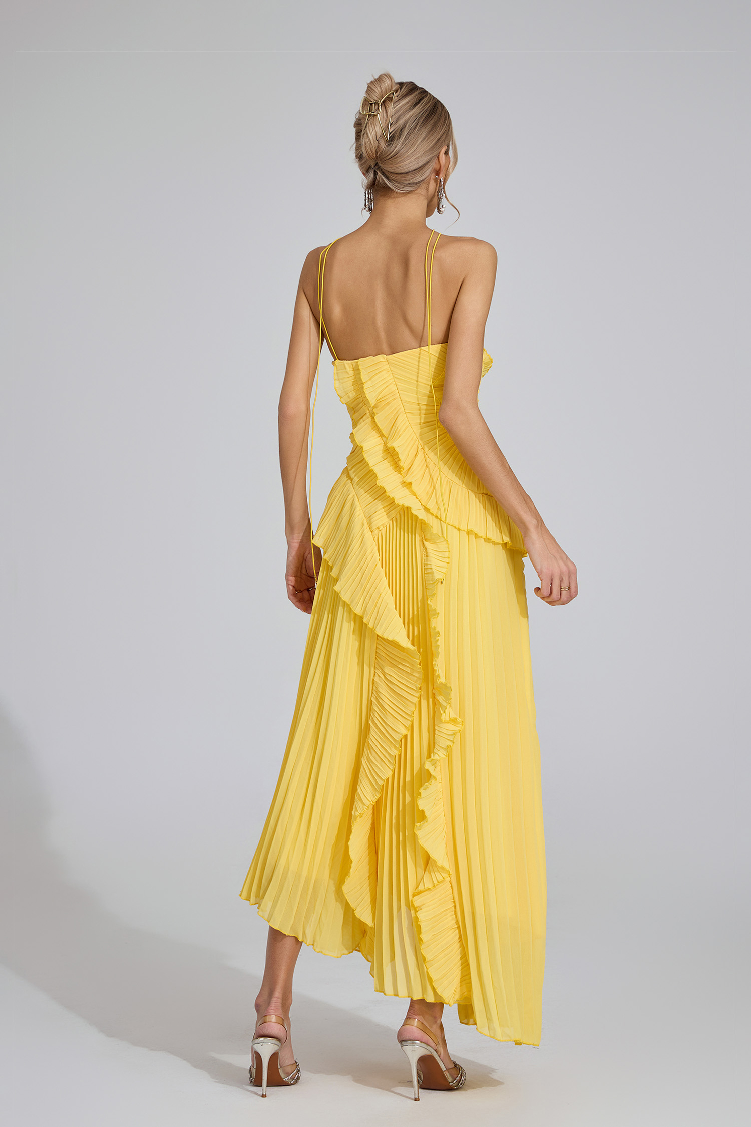 Moses Yellow Asymmetric Pleated Halter Dress