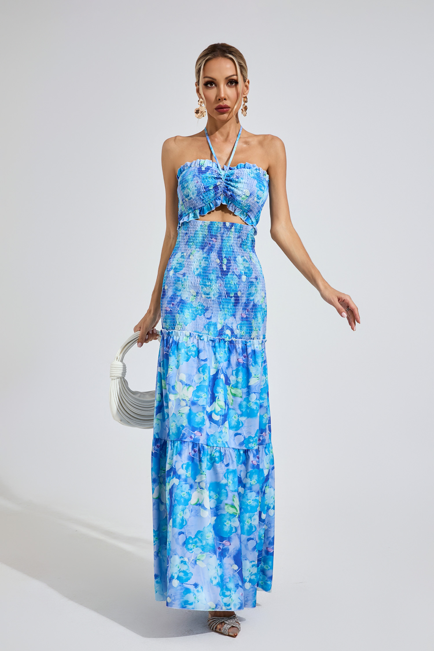 Jenkins Sapphire Blue Ruffle Halter Dress