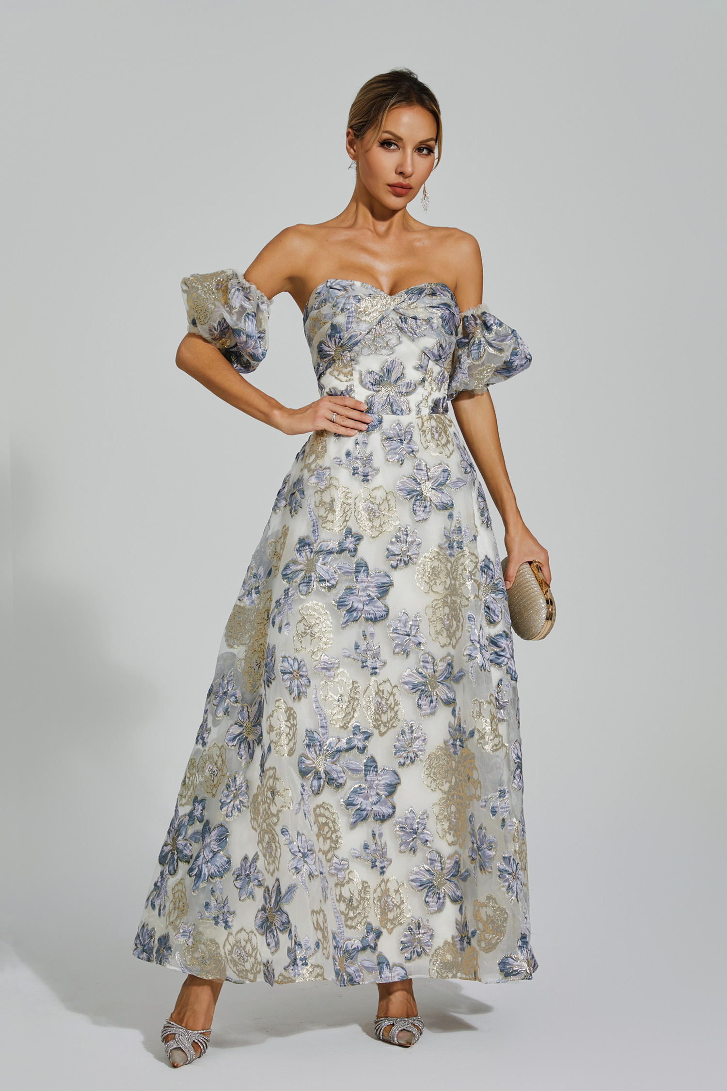 Reem Blue-Purple Flower Off Shoulder Dress