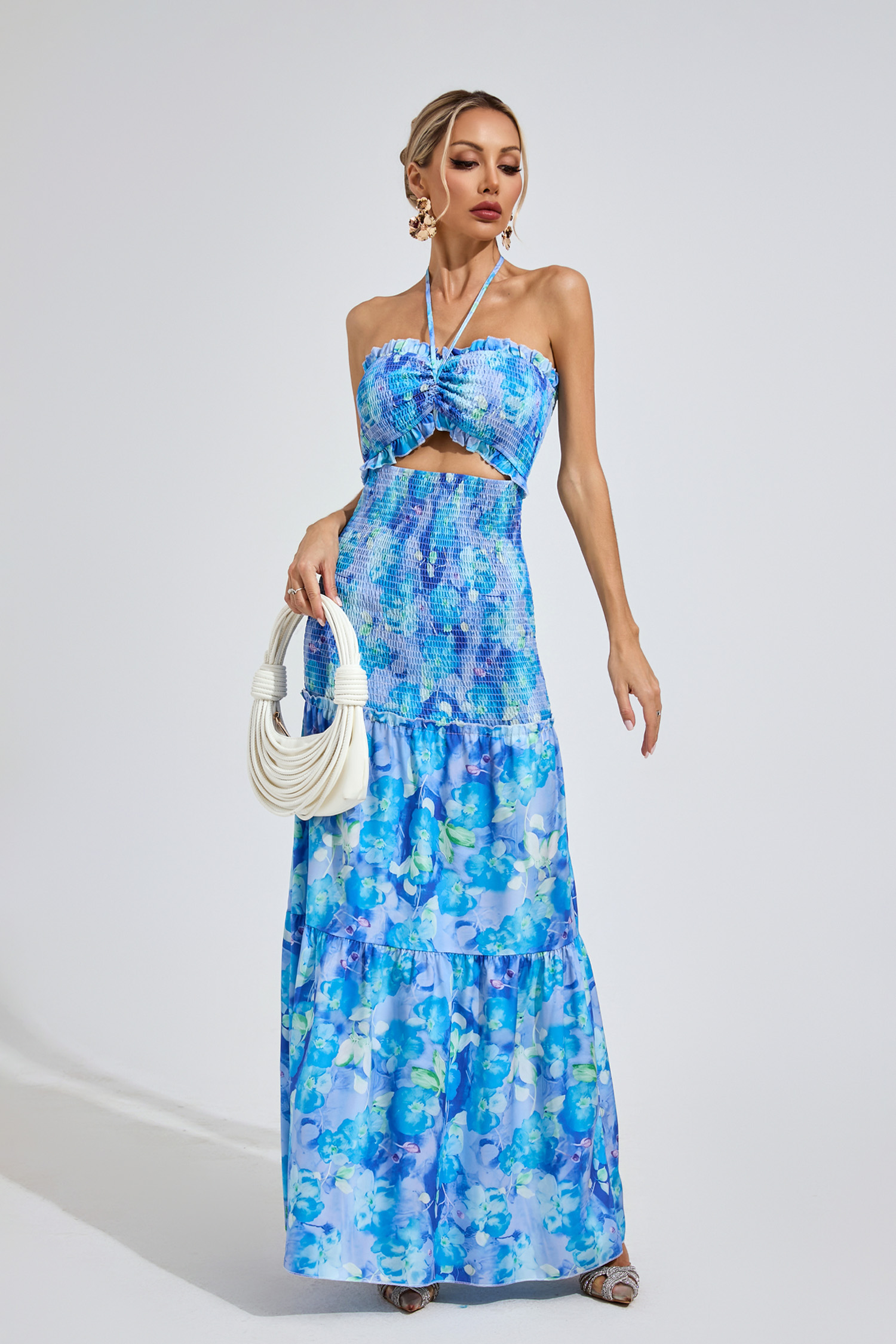 Jenkins Sapphire Blue Ruffle Halter Dress