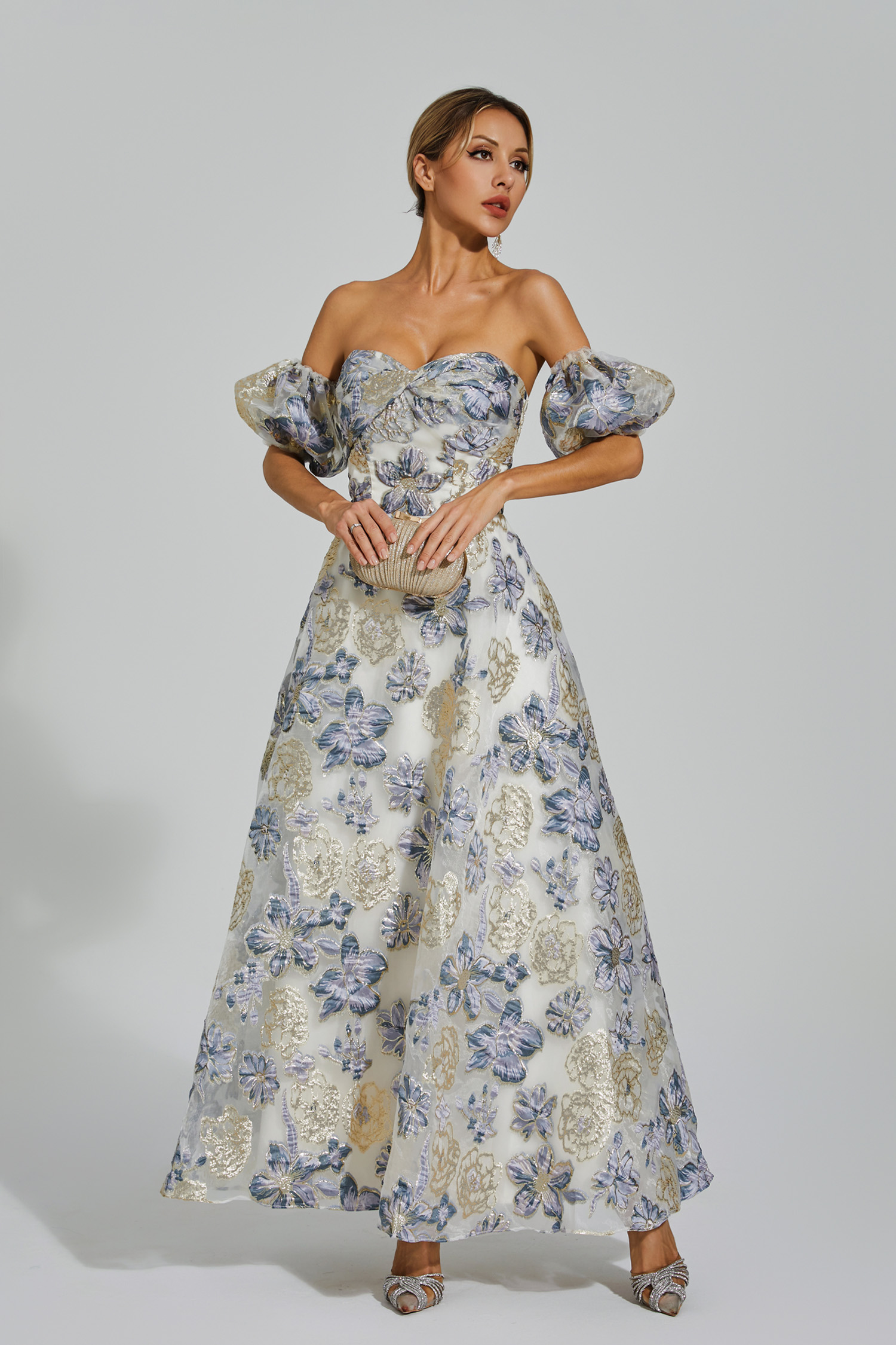 Reem Blue-Purple Flower Off Shoulder Dress