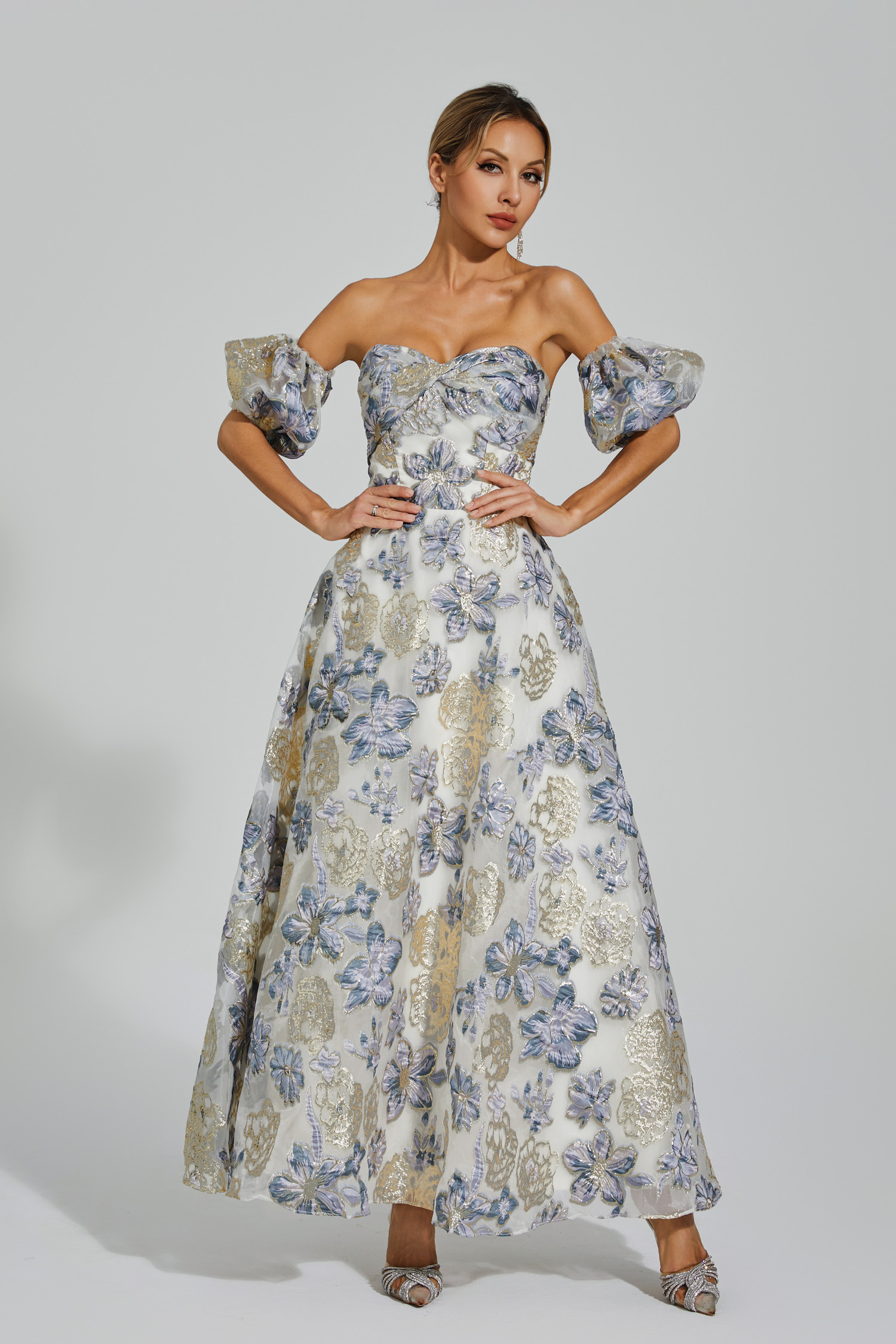 Reem Blue-Purple Flower Off Shoulder Dress