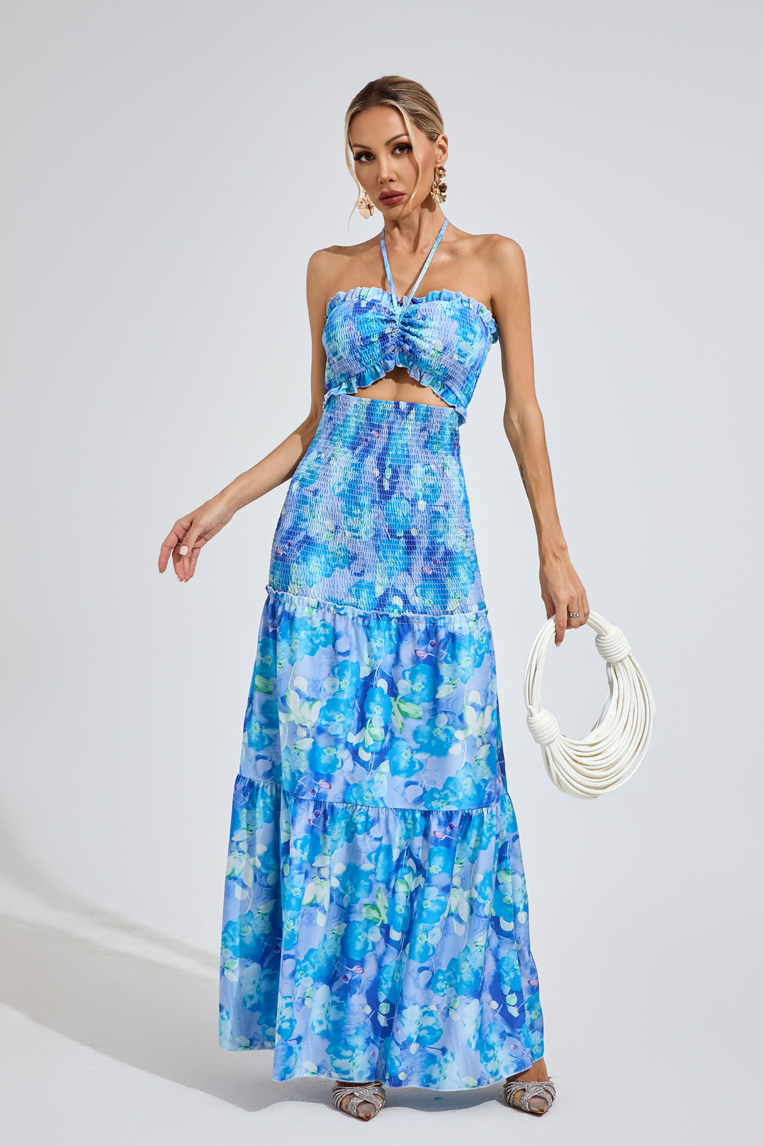 Jenkins Sapphire Blue Ruffle Halter Dress