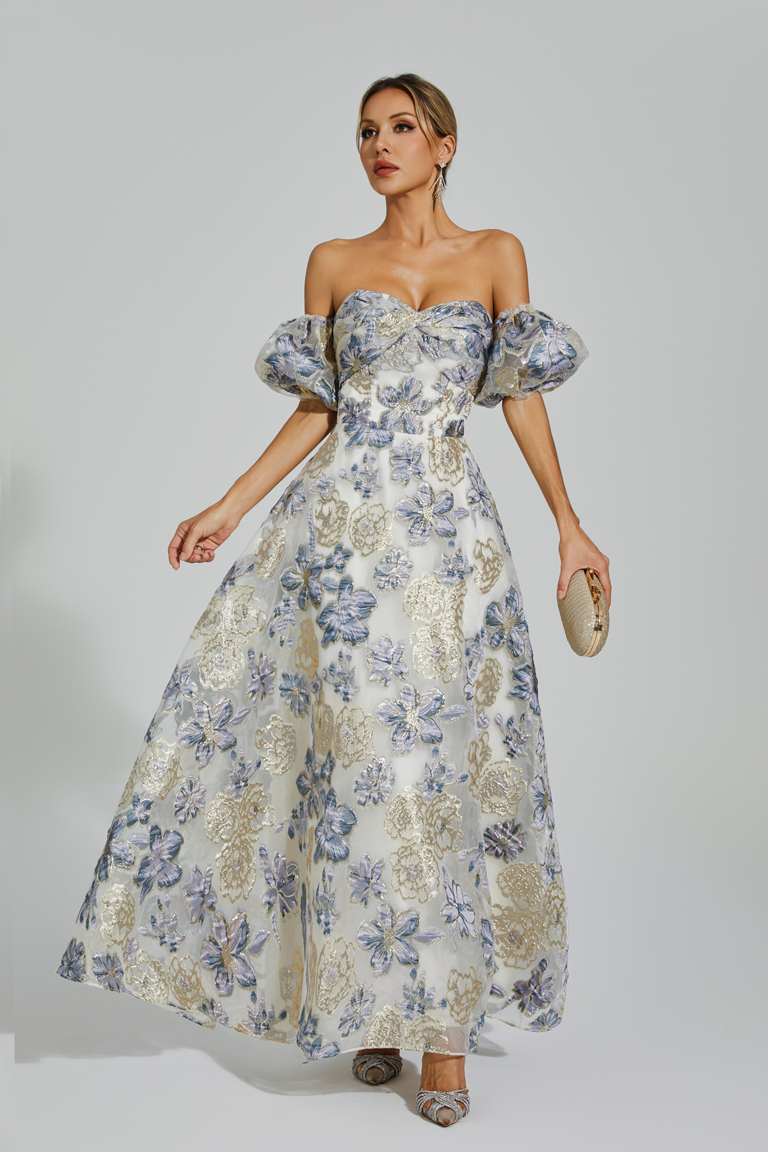 Reem Blue-Purple Flower Off Shoulder Dress